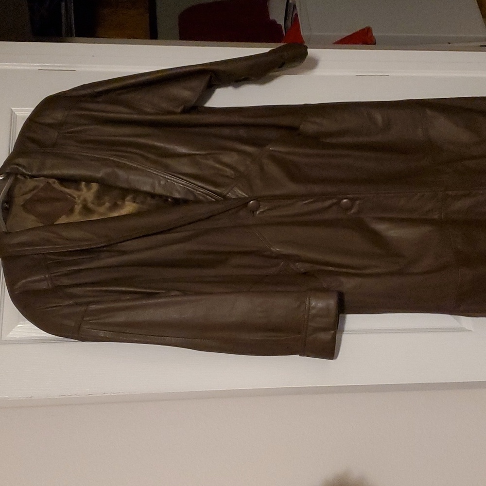 Leather genuine coat full length size Large color chocolate brown - Picture 2 of 6
